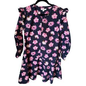 Navy/Pink Floral Puff Shoulder Long Sleeved Mini Dress Size S Preppy Cottagecore